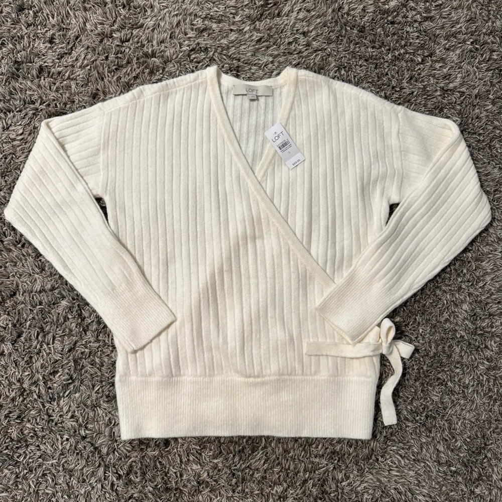 Loft White Wrap Sweater V Neck Long Sleeve Size Small NWT $69.95